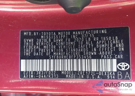 2015 Toyota Corolla S Plus из США, поврежденный, VIN 5YFBURHE8FP353456